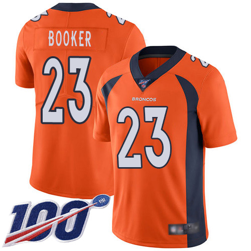 Men Denver Broncos 23 Devontae Booker Orange Team Color Vapor Untouchable Limited Player 100th Season Football NFL Jersey
